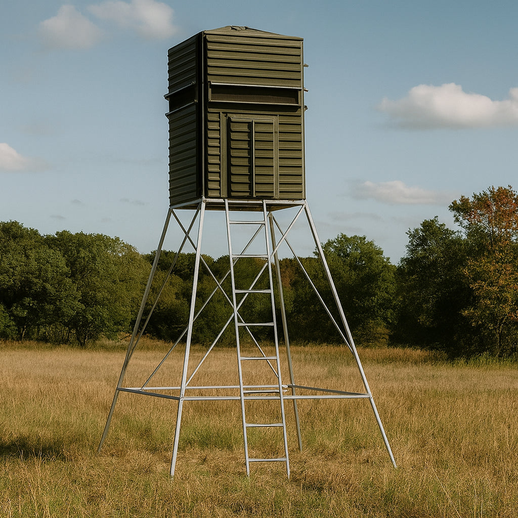 4x4 hunting blind steel tower stand in a grassy field, providing sturdy elevated support for deer hunting blinds.