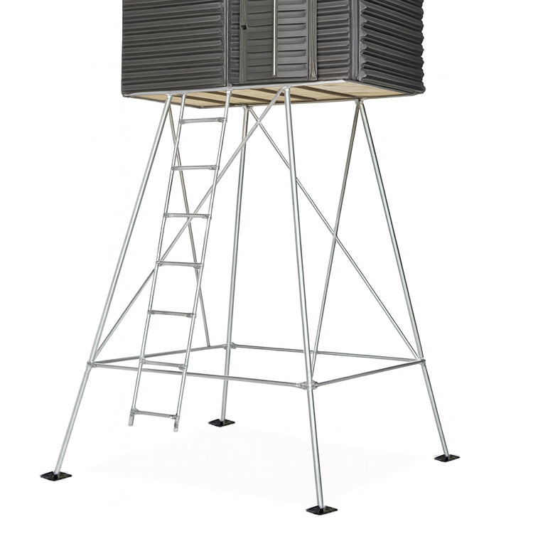 4x8 deer hunting blind steel tower stand product image on white background, designed for stability and elevation in the field.