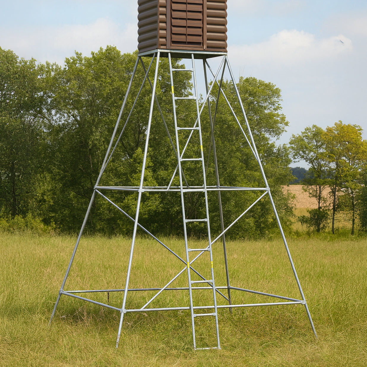 The Blynd 15 foot steel tower stand for 4x4 deer hunting blinds, reinforced cross-brace design for stability.
