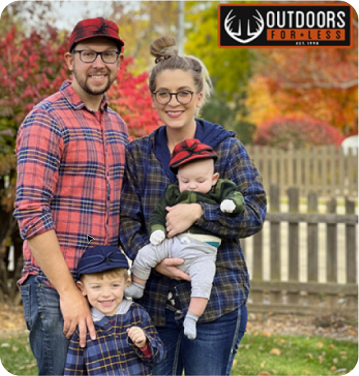 Family of four with a 'Outdoors for Less' logo in the corner.