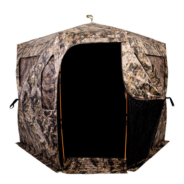 Ameristep Pro Series Insulated 59x59 pop-up ground blind front view with open door showing interior, camouflage design on white background