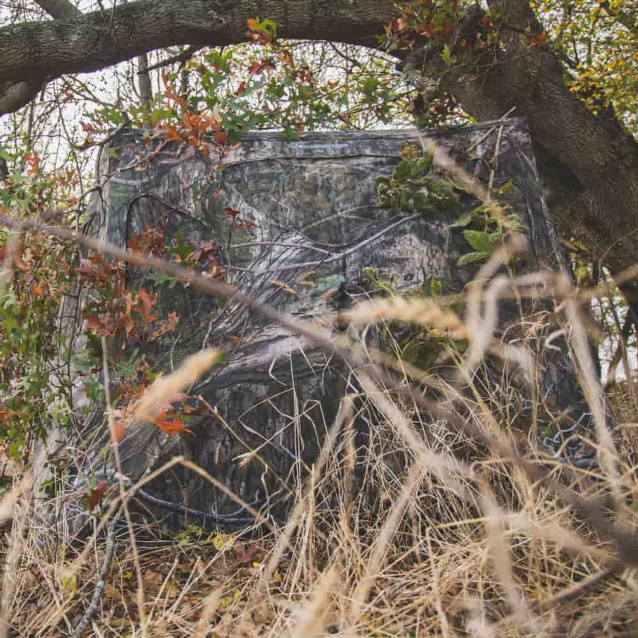 Ameristep Silent Brickhouse 59x59 pop-up ground blind in Mossy Oak camouflage partially concealed behind tall grass, branches, and trees