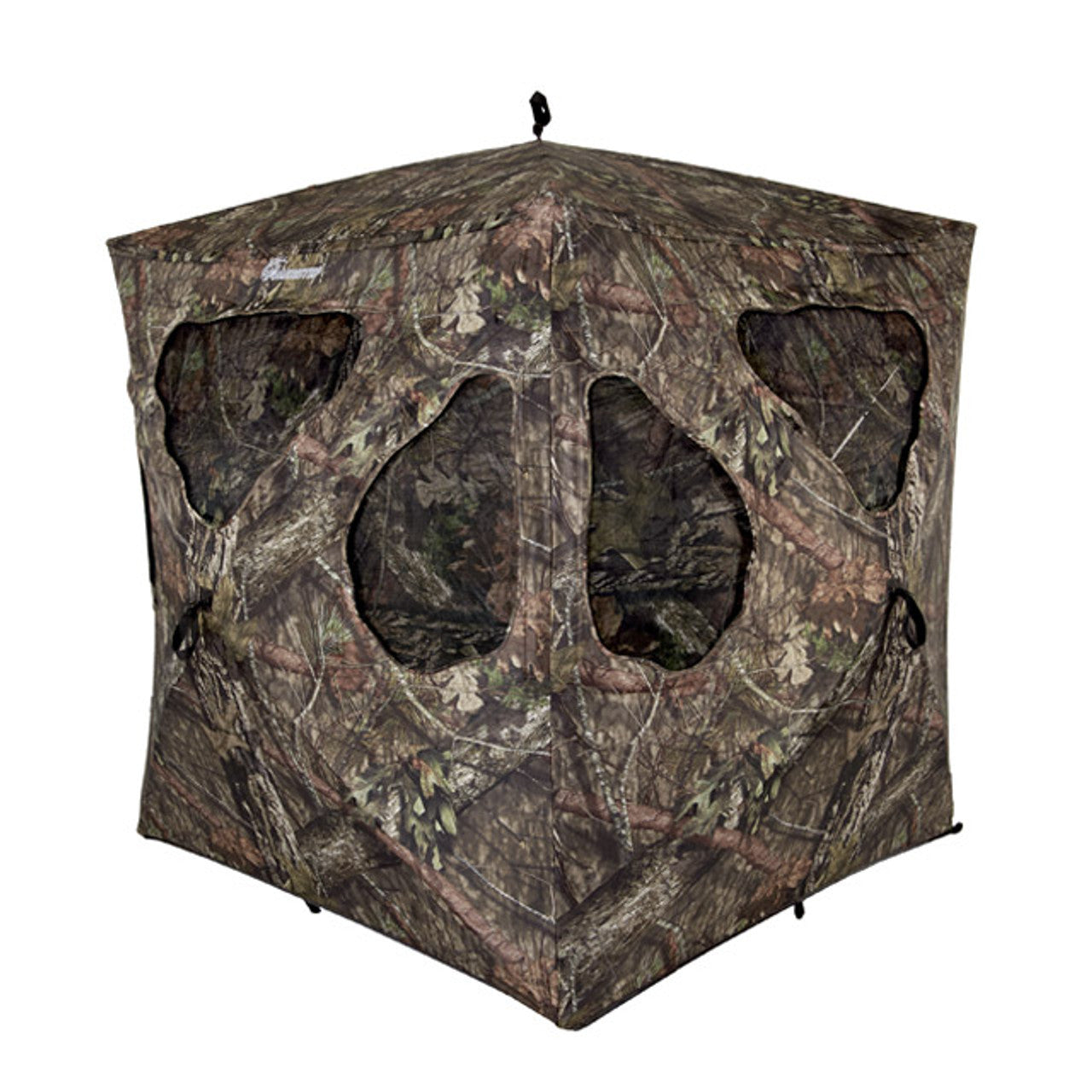 Ameristep Silent Brickhouse 59x59 pop-up ground blind front angle showing multiple shoot-through mesh windows in Mossy Oak camouflage on white background