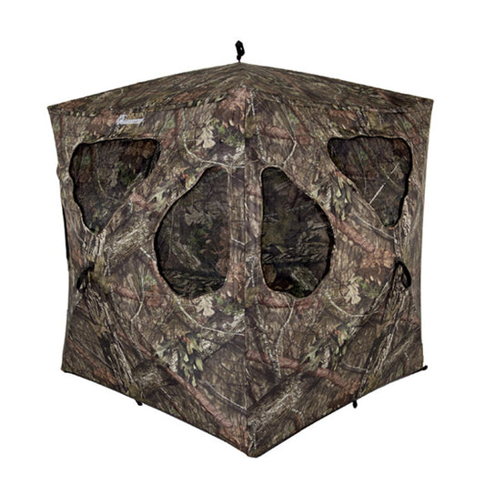 Ameristep Silent Brickhouse 59x59 pop-up ground blind front angle showing multiple shoot-through mesh windows in Mossy Oak camouflage on white background