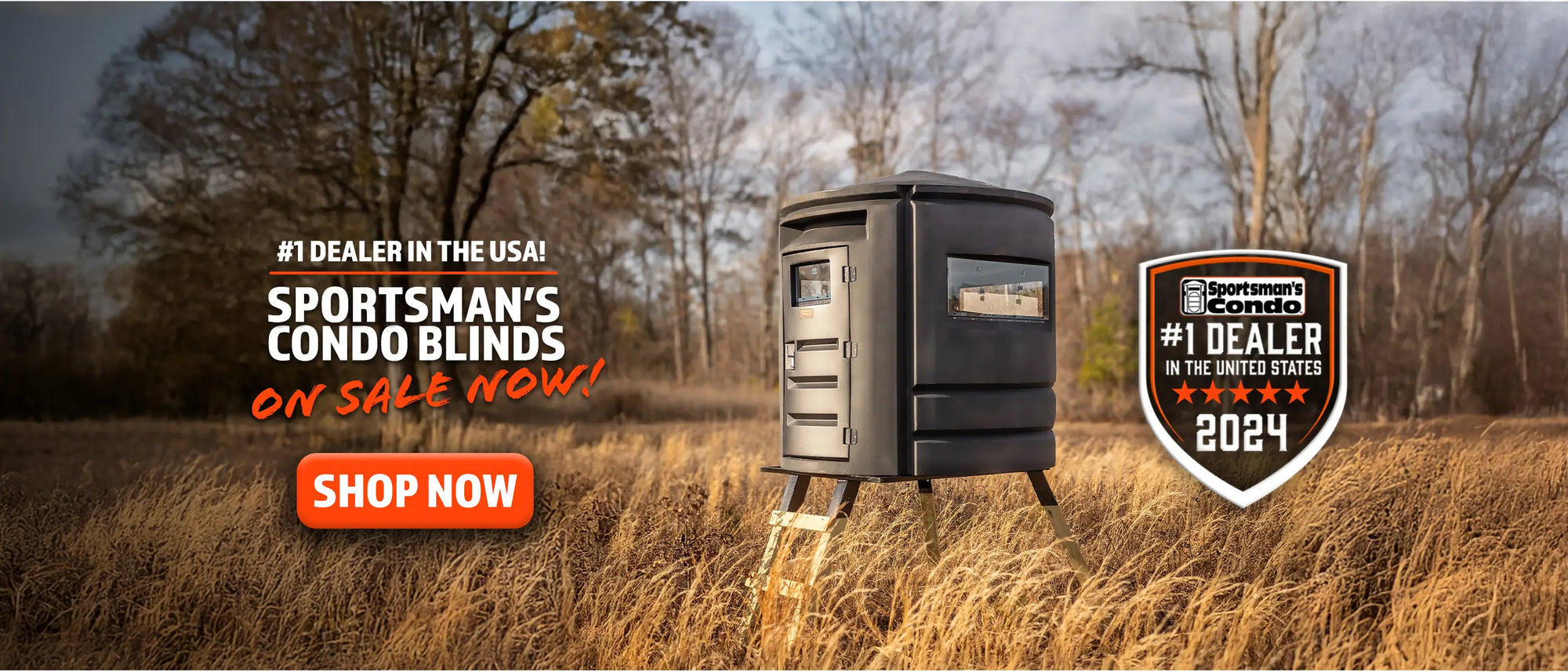 Sportsman's Condo Blinds in a field with promotional text and logos.