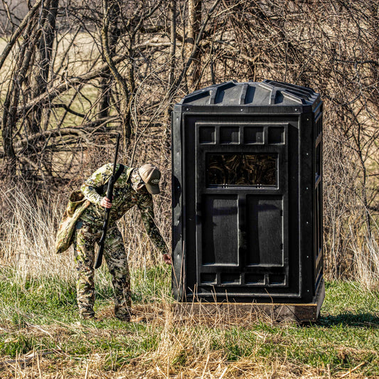 Booner 4-Panel deer blind shown in a real hunting setup, offering a spacious 48x48 interior, durable construction, and proven field performance.
