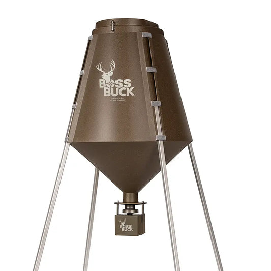 Boss Buck 1200lb Automatic Deer Feeder on white background — brown rotomolded feeder with spinner system, 12-volt timer, and four steel legs for high-capacity wildlife feeding.