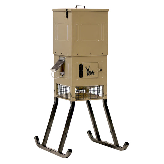 Boss Buck 300lb Stand & Fill Automatic Sled Deer Feeder on white background — rotomolded tan hopper on sled-style base with spinner head and digital timer for deer feeding.