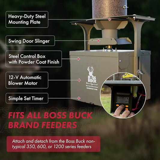 Boss Buck 350 lb Automatic Deer Feeder in wooded setting with product details overlay — brown rotomolded tripod feeder featuring 12-volt spinner system and digital timer for precise deer feeding.