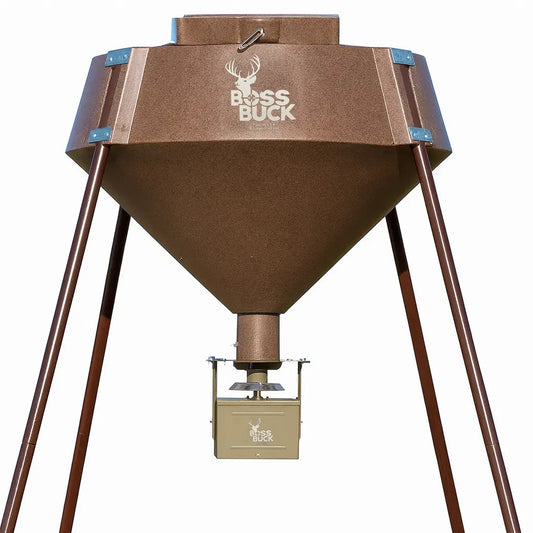 Boss Buck 600 lb Automatic Deer Feeder shown in profile view — heavy-duty brown feeder with digital control box and spinner mechanism for timed corn distribution.