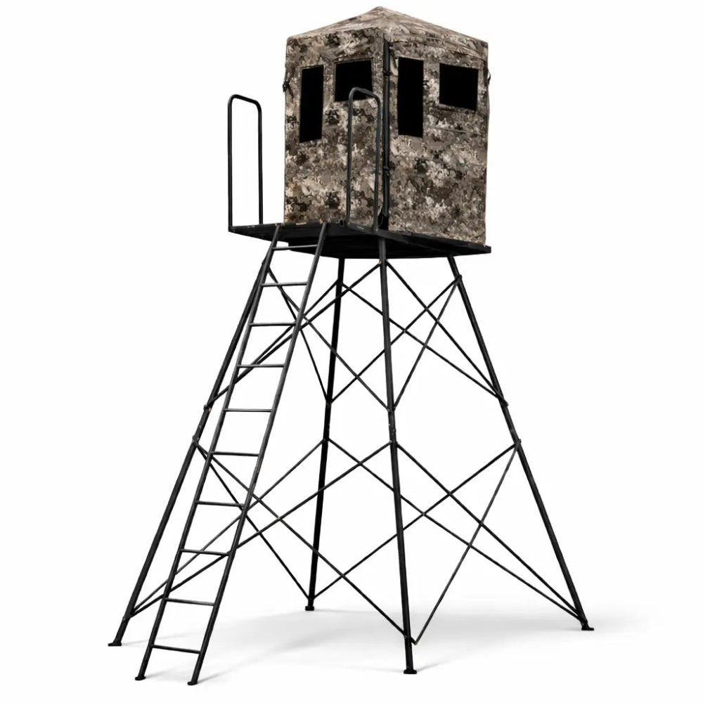 Hawk Scout 10-foot tower hunting blind front view showing steel frame and elevated platform on white background