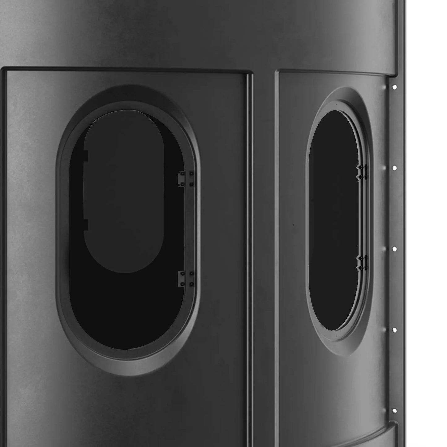 Maverick XL black deer hunting blind window detail with tinted glass, quiet shooting window sold by Outdoors For Less