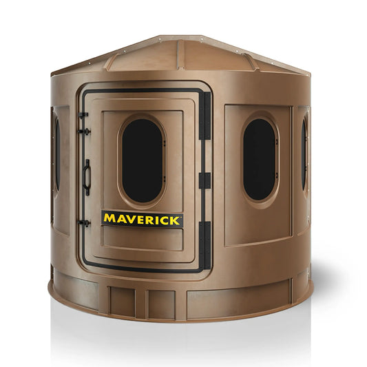 Maverick XL brown deer hunting blind front view with tinted windows, concealment-focused ground blind sold by Outdoors For Less