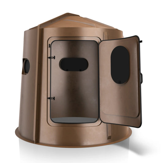 Maverick 5 Shooter GX brown deer hunting blind rear view, compact concealed ground blind sold by Outdoors For Less