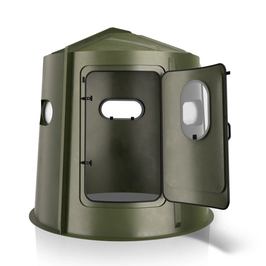 Maverick 5 Shooter GX green deer hunting blind angled rear view, durable molded ground blind sold by Outdoors For Less