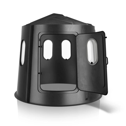 Maverick 6 Shooter black deer hunting blind with front door open and clear windows, interior access view sold by Outdoors For Less