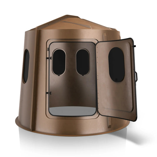 Maverick 6 Shooter brown deer hunting blind with front door open and tinted windows, easy-access ground blind sold by Outdoors For Less