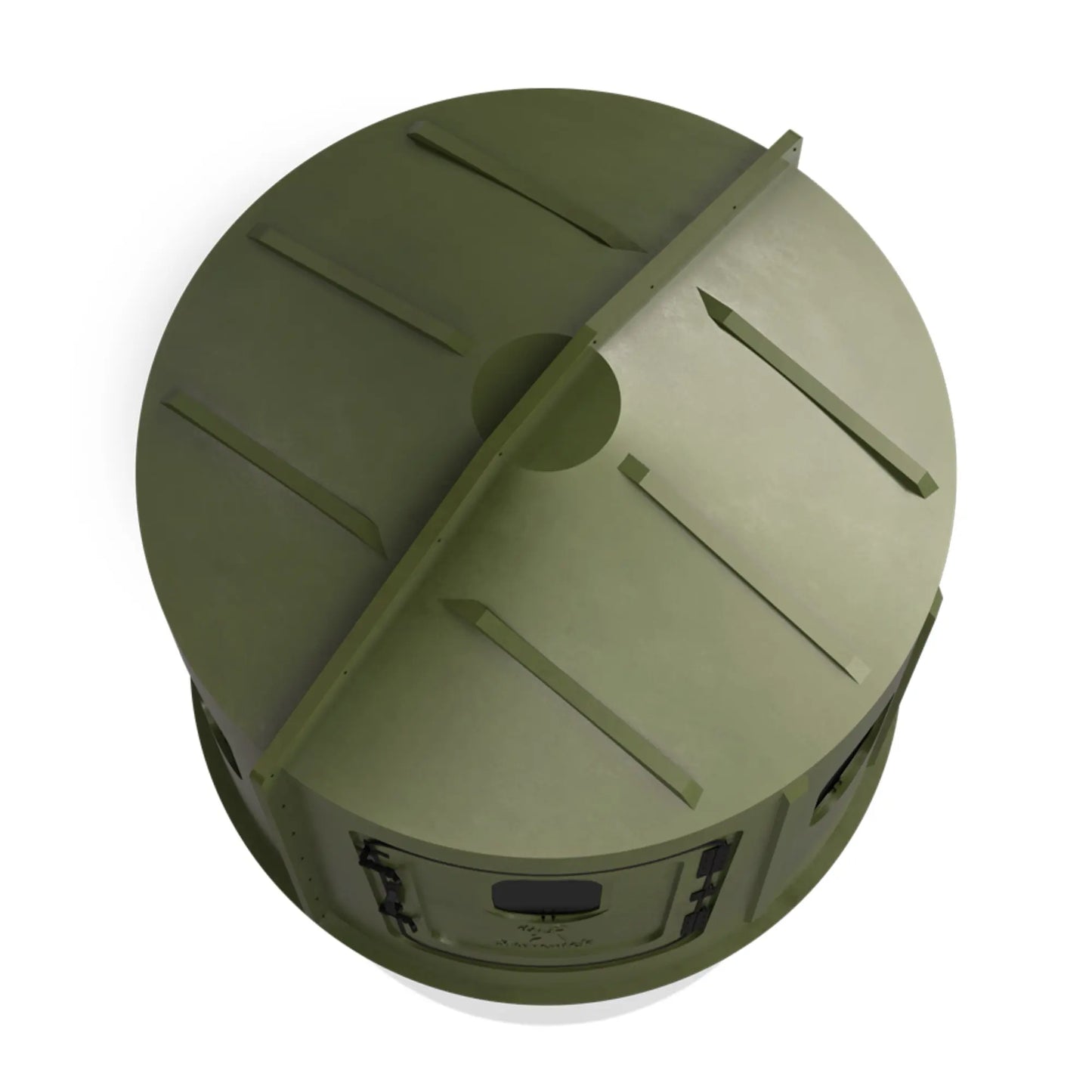 Top-down view of the Maverick 6 Shooter green deer hunting blind roof with tinted window panels, durable molded construction sold by Outdoors For Less