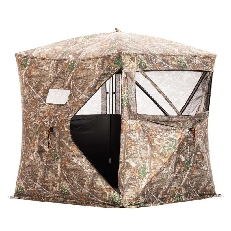 Rhino ground hunting blind in Realtree camo front angled view showing shooting window layout