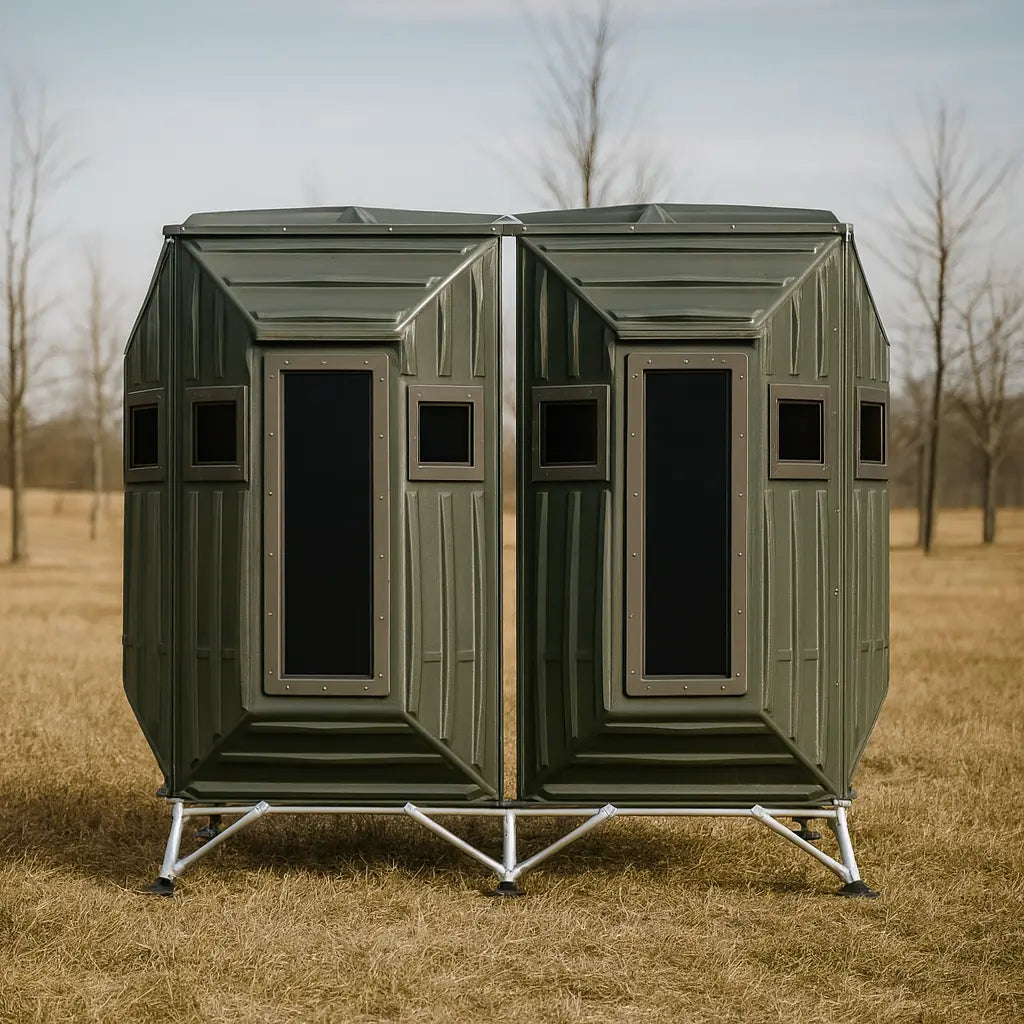 The Blynd 4x8 Bow Hunting Deer Blind with multiple side windows, set in an open field for full-coverage shooting angles.