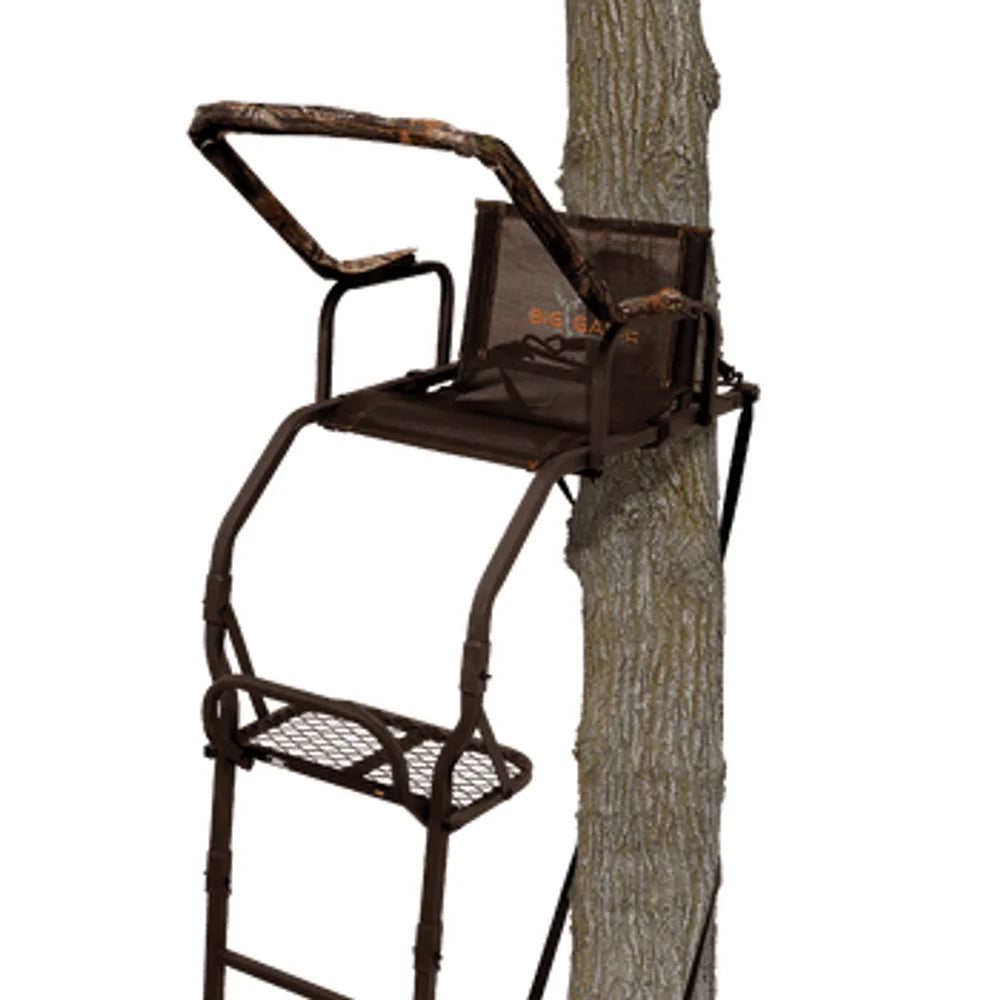 Big Game Treestands Warrior DXT 1-Man 17' ladder stand mounted on tree, seat and shooting rail view
