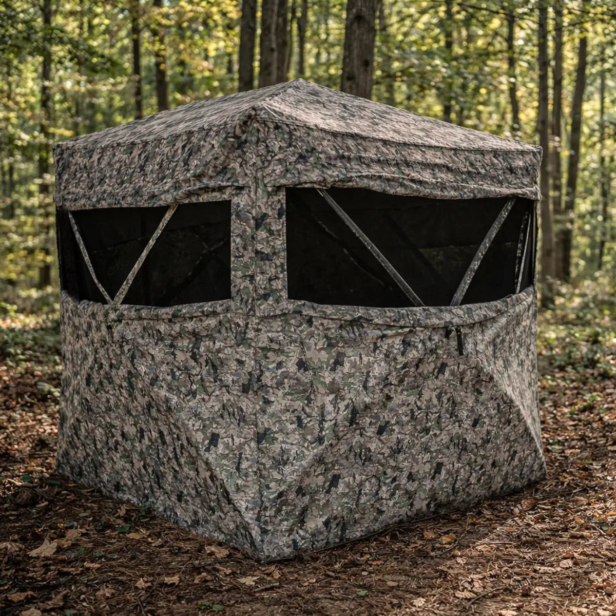Hawk Reveal ground blind front angled view with shooting windows open
