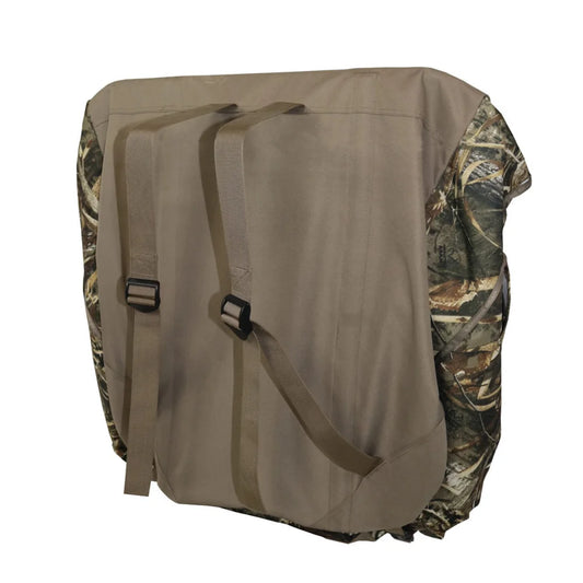 Horn Hunter Low Pro Layout Blind, rear view showing tan backpack carry straps and buckles with camo sides