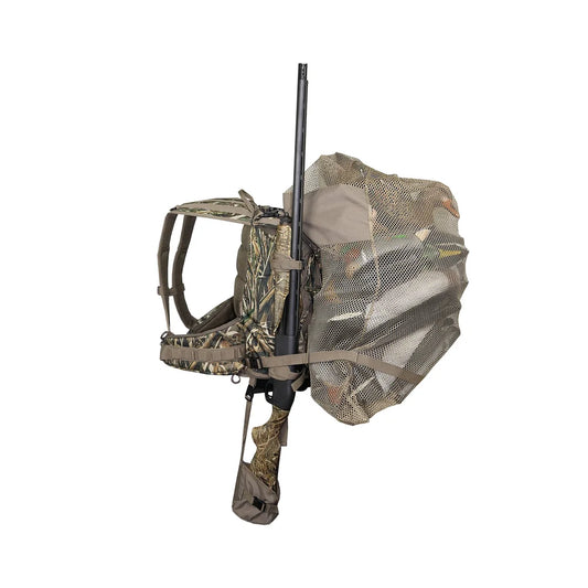 Landing Gear Waterfowlers Backpack, rear view showing decoy mesh bag and shotgun secured in gun holder
