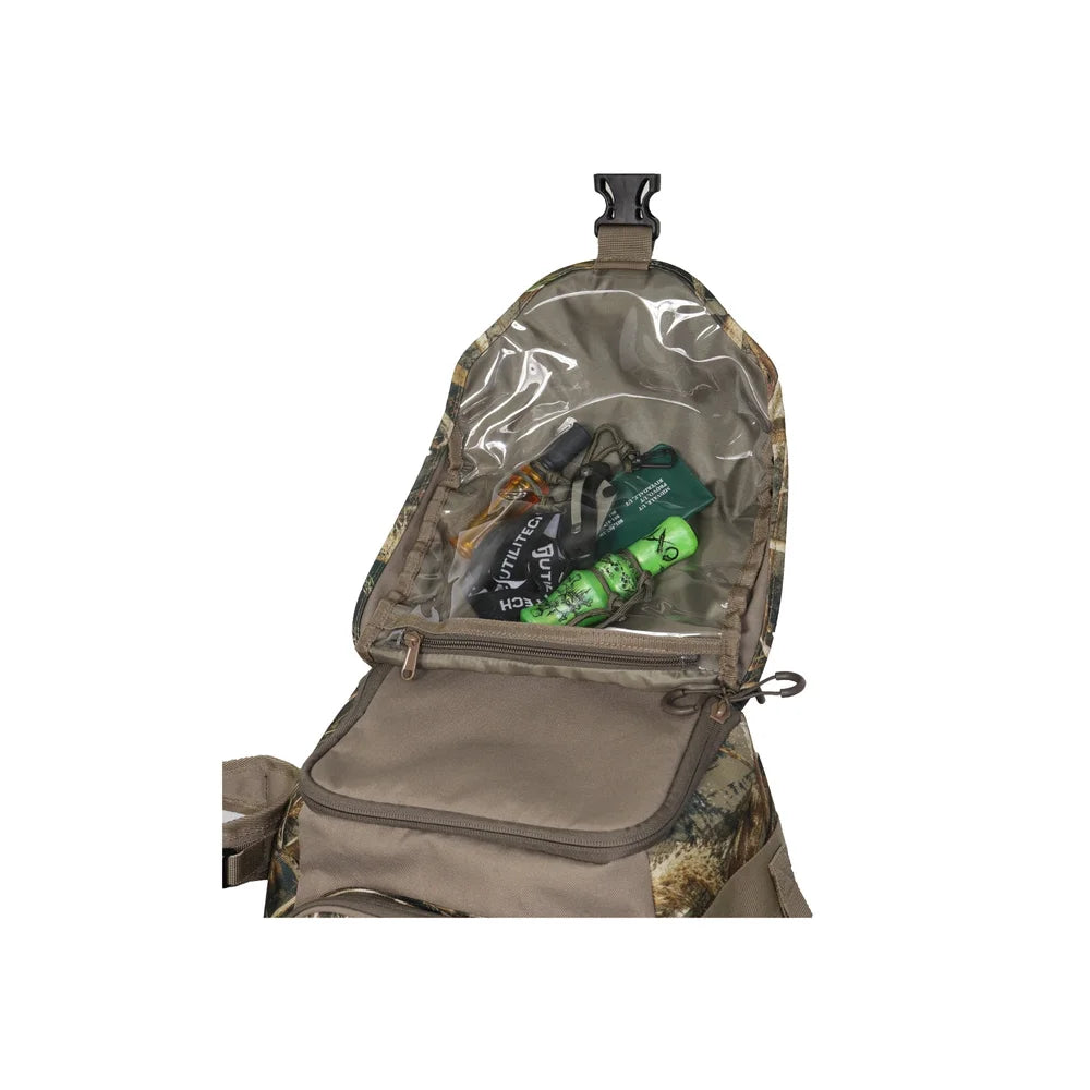 Landing Gear Waterfowlers Backpack, top pocket open showing clear lid organizer with duck calls and gear inside