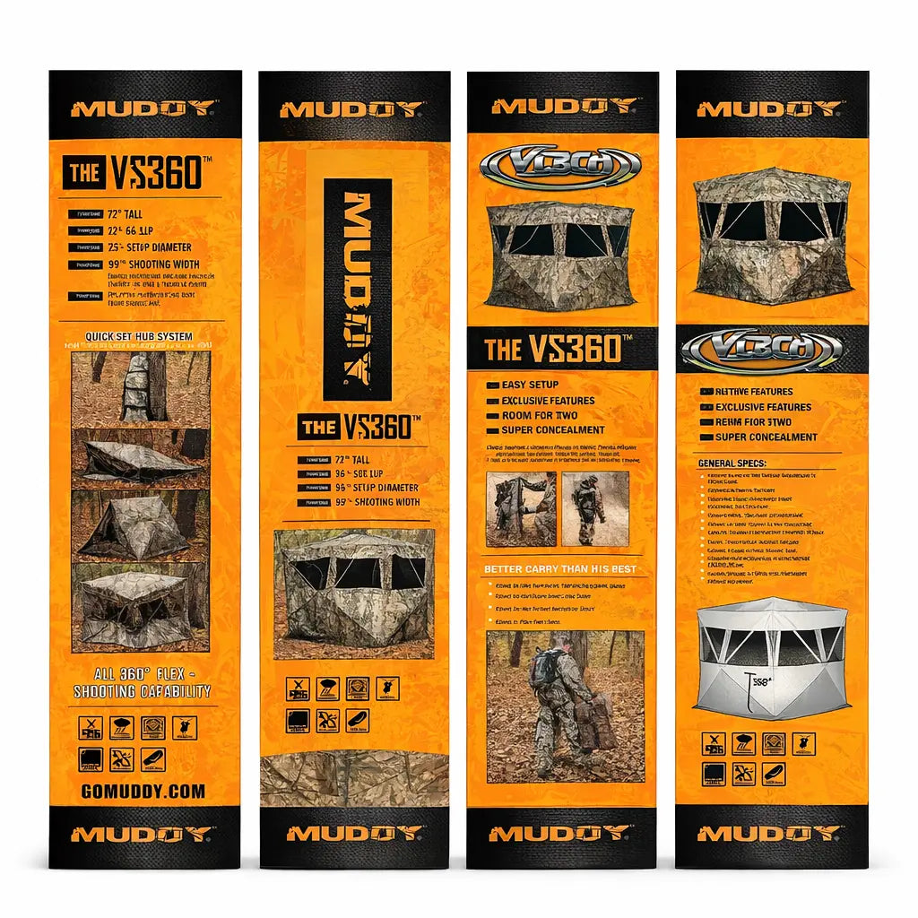 Muddy VS360 ground hunting blind product packaging and feature display
