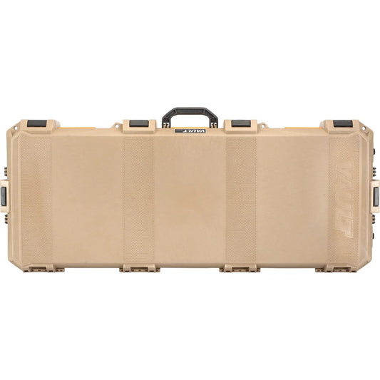 Pelican Vault V730 Tactical Rifle Case in tan/desert, straight-on top panel view showing Vault branding