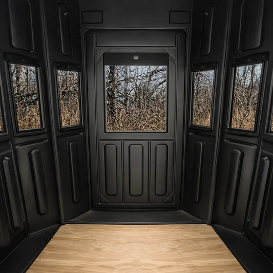 Interior view of Plastics Unlimited hunting blind showing wraparound windows