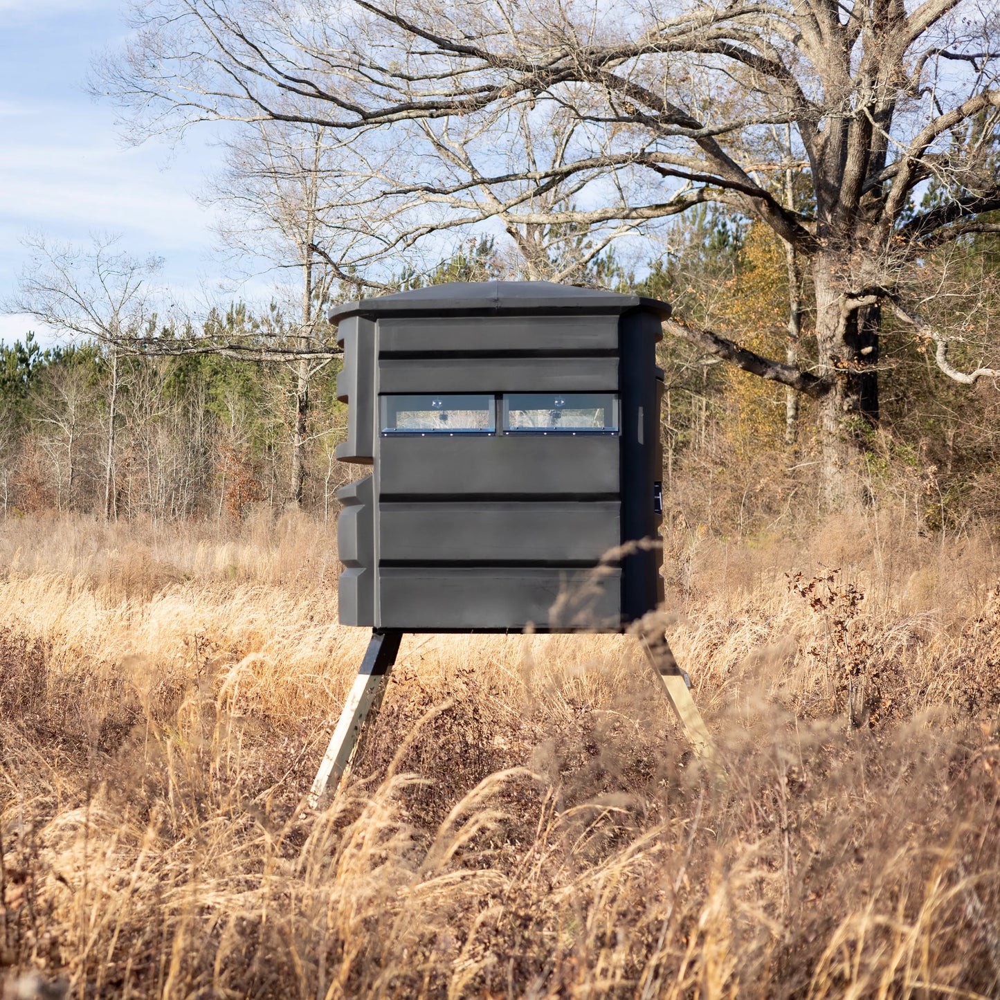 Sportsman’s Condo SC2 4x6 deer hunting blind elevated in tall grass near a large tree