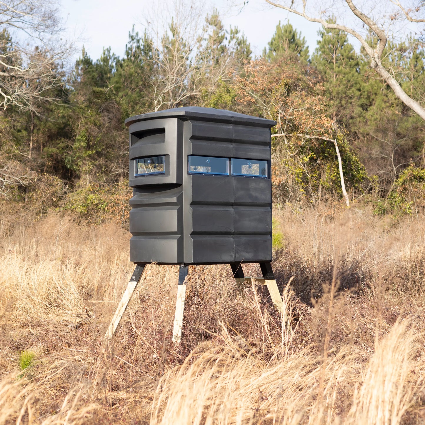 Sportsman’s Condo SC2 4x6 deer hunting blind, rear-quarter view in an open field
