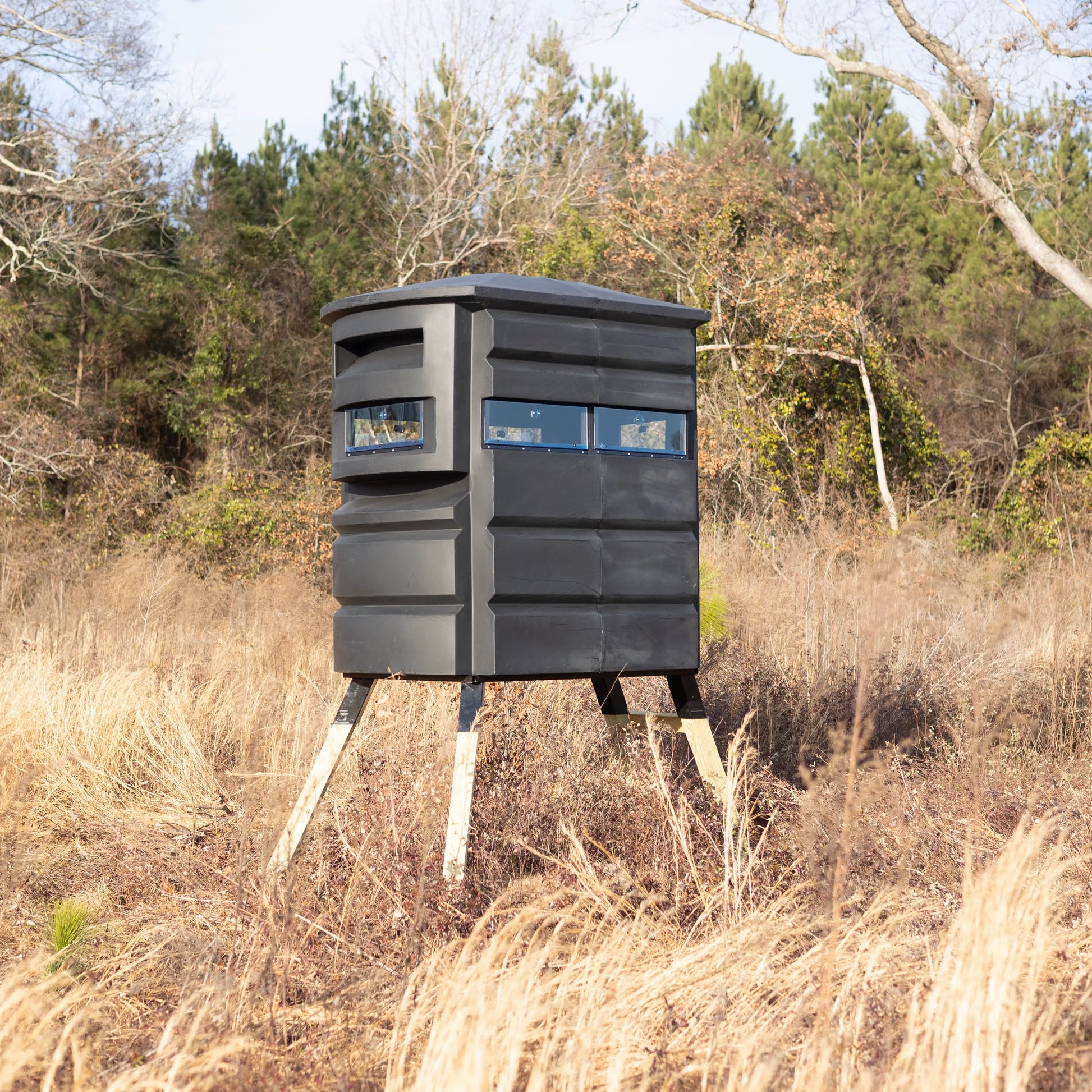 Sportsman’s Condo SC2 4x6 deer hunting blind, rear-quarter view in an open field