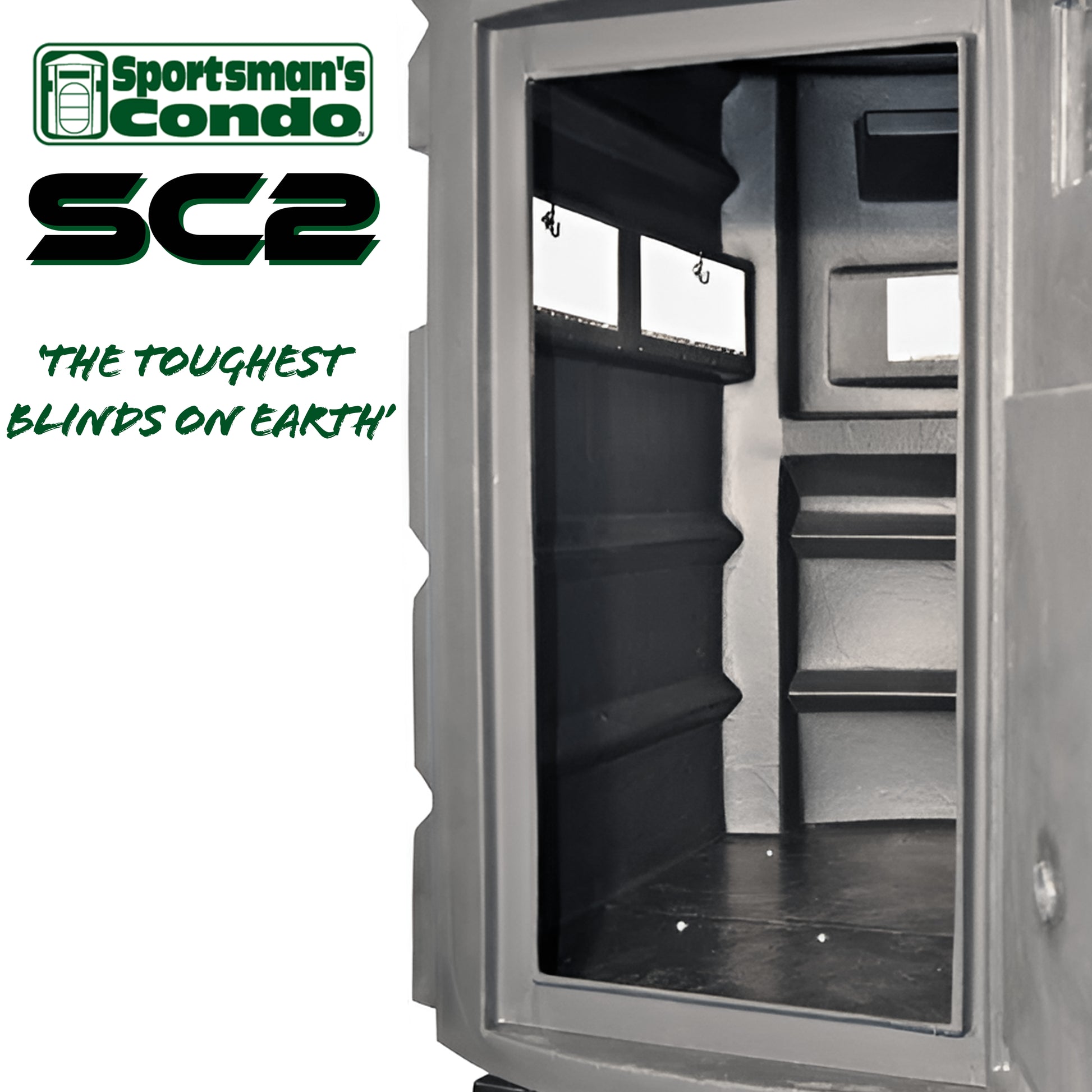 Side interior view of the Sportsman’s Condo SC2 4x6 deer hunting blind, showing windows and interior shelving