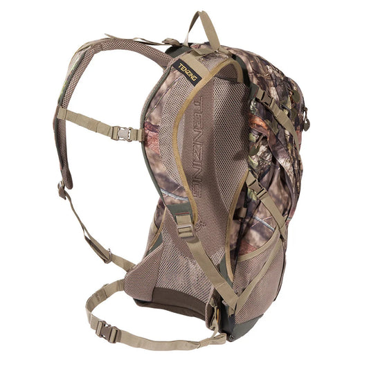 Tenzing Voyager Pack in Mossy Oak Break-Up Country, rear view showing mesh back panel and harness suspension