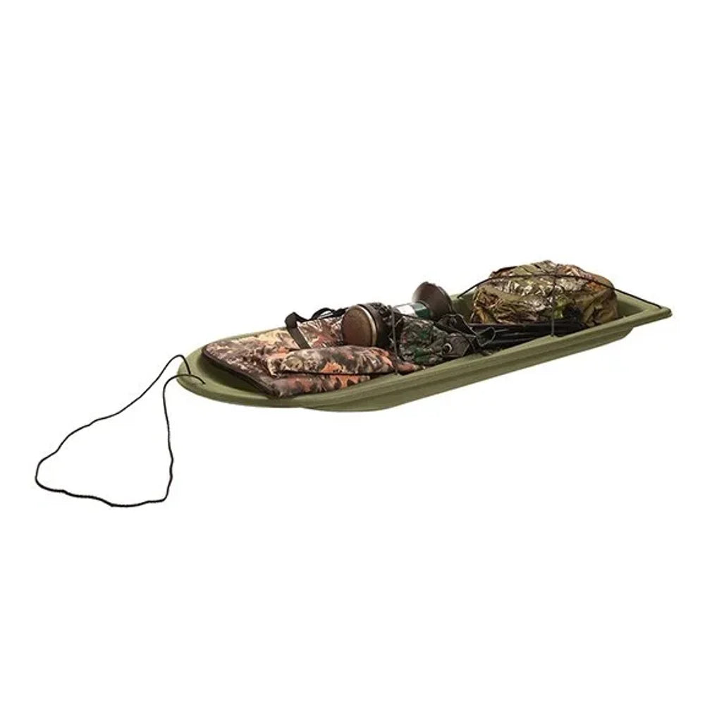 Terrain Deer Drag Sled in olive green loaded with camo hunting gear and duck decoys