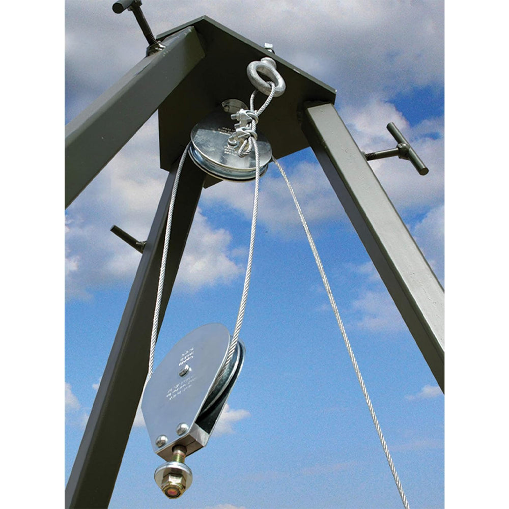Close-up of the EZ Lift winch system on a Texas Hunter 300 lb trophy deer feeder tripod