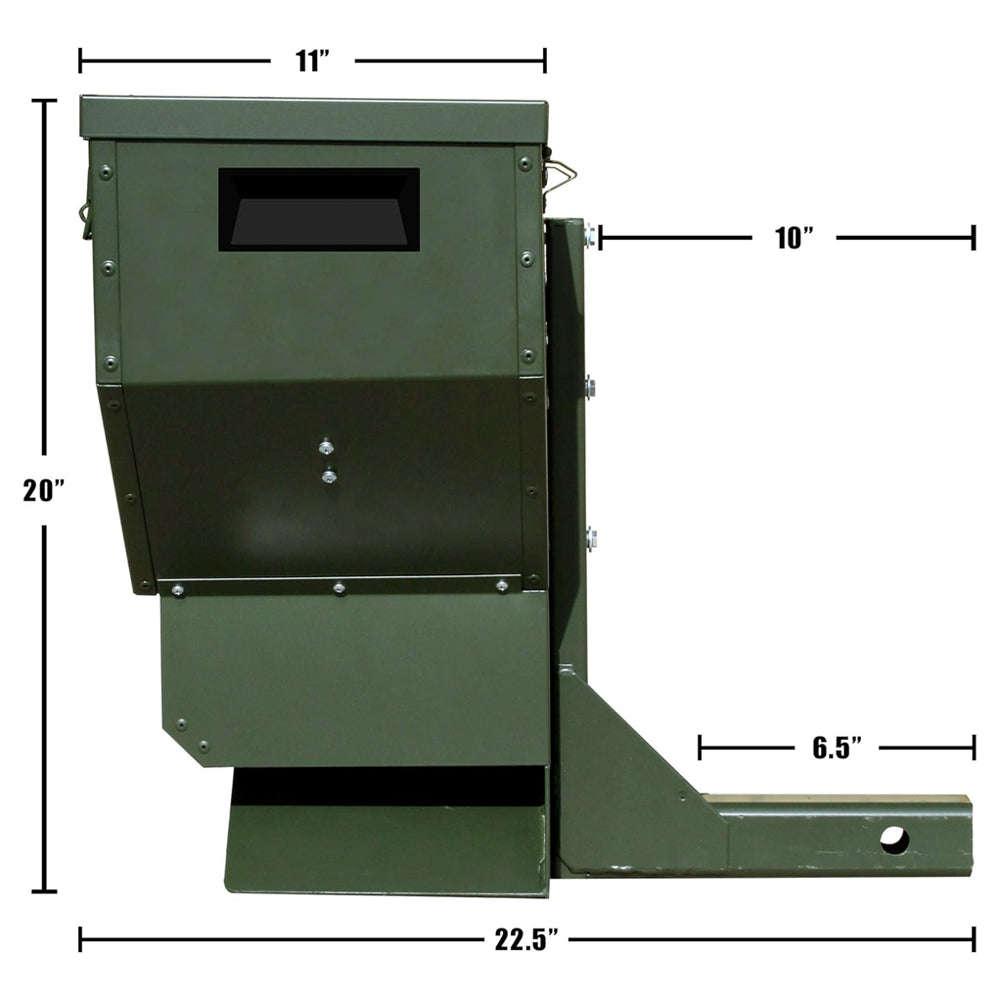 Dimension chart for the Texas Hunter 50 lb road corn feeder with wireless remote control