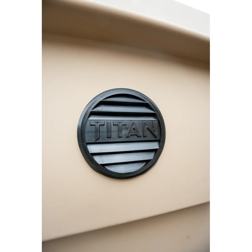 Titan Hunting Blinds round vent installed on tan hunting blind wall, exterior view