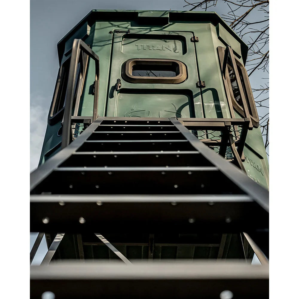 Low-angle view looking up the ladder to Titan blind door and porch on the 8 ft. tower