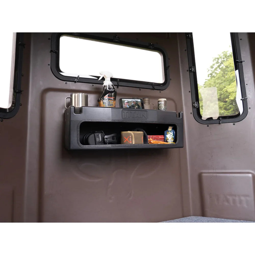 Titan Hunting Blinds Gear Box mounted inside blind interior with gear, wide view