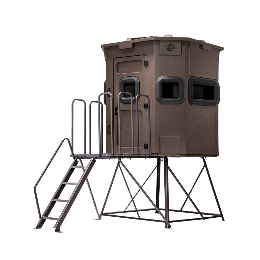 Titan Hunting Blinds Tower Extension Kit shown with brown Titan box blind on extended tower stand