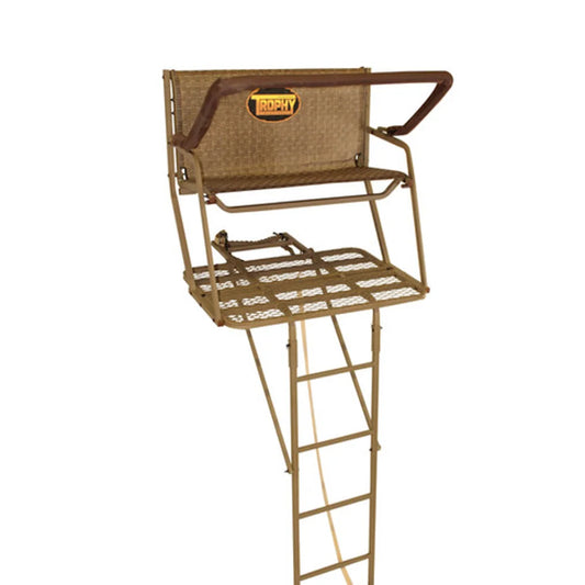 Trophy Treestands Colonel ladder stand, front view showing full ladder, platform and seat