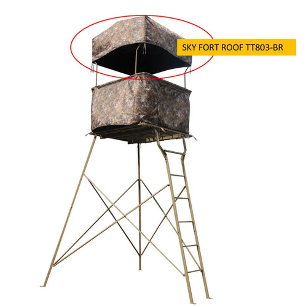 Trophy Treestands SkyFort Roof Kit TT803-BR shown installed on elevated camo tower blind