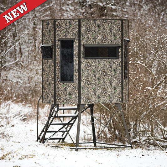 G74: Texas Hunter Wrangler Octagon Shaped Camo Aluminum 5' x 7' Deer Blind with 4' Tower and Full Door, Stairs and Handrails