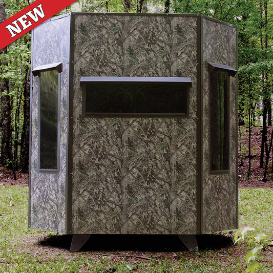 G7GC: Texas Hunter Wrangler Bow and Rifle Octagon Shaped Camo Aluminum 5' x 7' Deer Blind with 7 in. Legs and Full Door, Stairs and Handrails