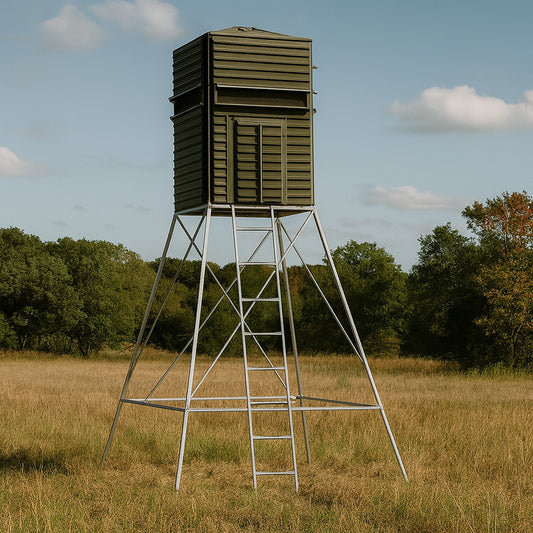 4x4 hunting blind steel tower stand in a grassy field, providing sturdy elevated support for deer hunting blinds.

