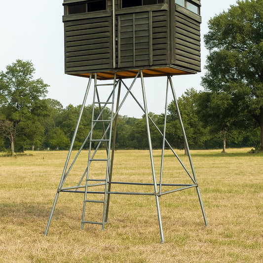 4x8 deer hunting blind on a steel tower stand in open pasture, offering maximum elevation for hunting concealment.

